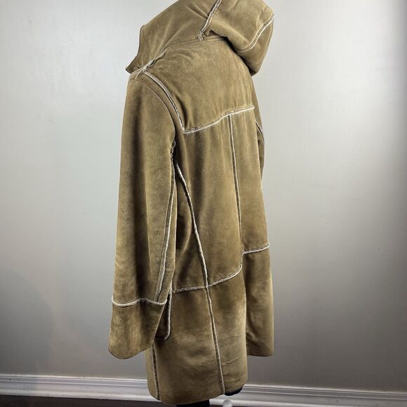 Vtg Gap Y2K Tan Suede Leather Patchwork Coat Womens Sz M Sherpa Lined Hooded - Picture 5 of 9